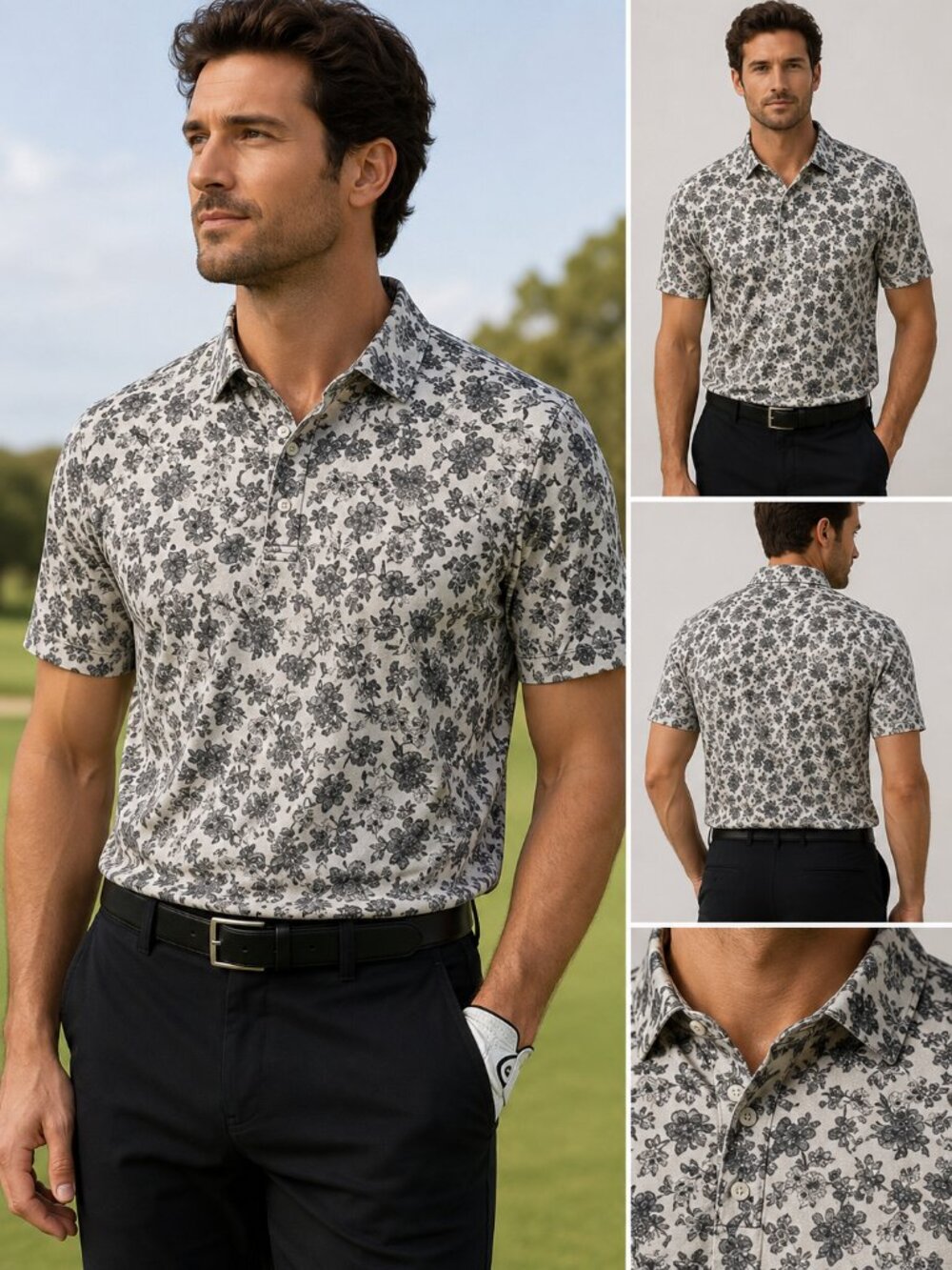 Nike Dri FIT Floral Golf Polo XXL Black White Performance Shirt